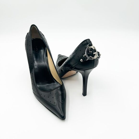 Gucci Interlocking GG Pointed Toe Black Leather Heels Pumps Size 8.5 - Picture 1 of 16
